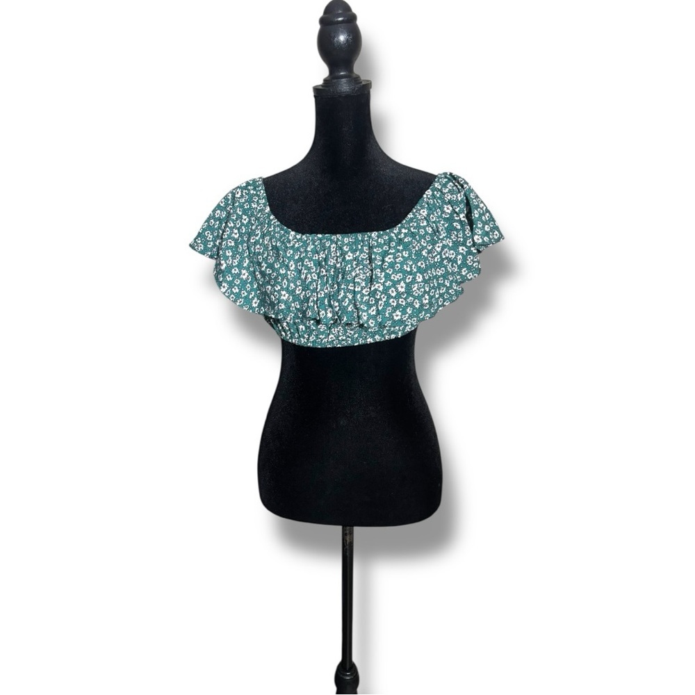 Indigo Child Teal and White Ditsy Floral Print Ruffled Off Shoulder Crop Top - Picture 2 of 16